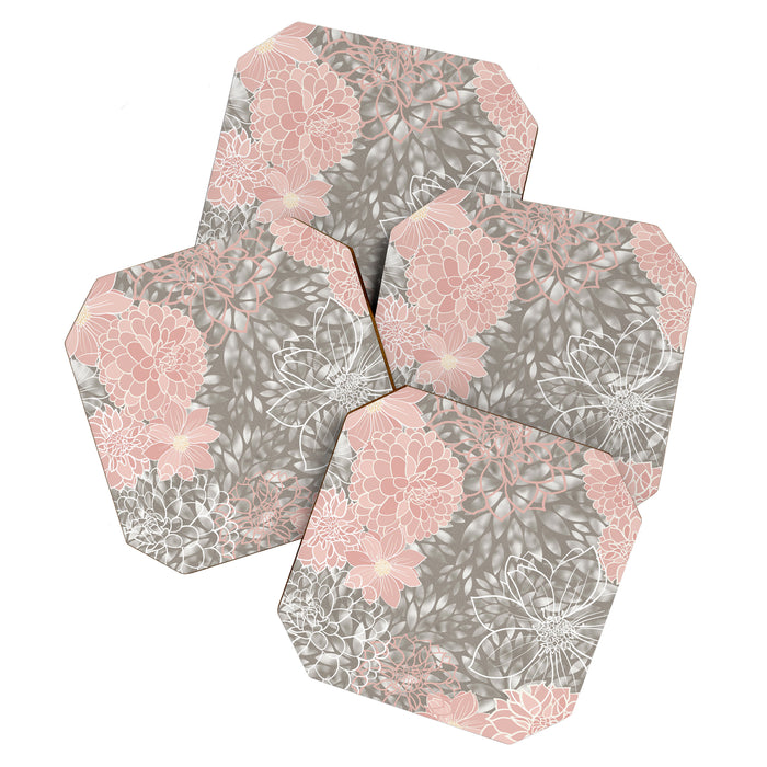 Festive, Floral Pattern Dahlias, Pink, Gray, White Coaster Gallery Image 1