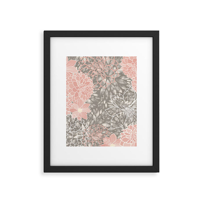 Festive, Floral Pattern Dahlias, Pink, Gray, White Framed Art Print Gallery Image 1
