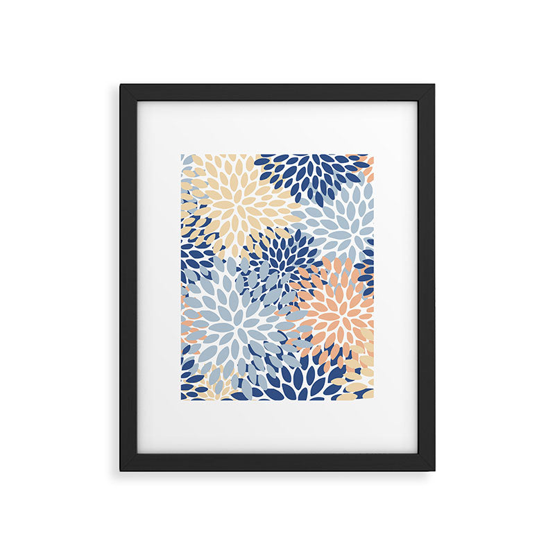 Festive, Floral Print, Coral, Peach, Light Blue, Navy Framed Art Print Gallery Image 6