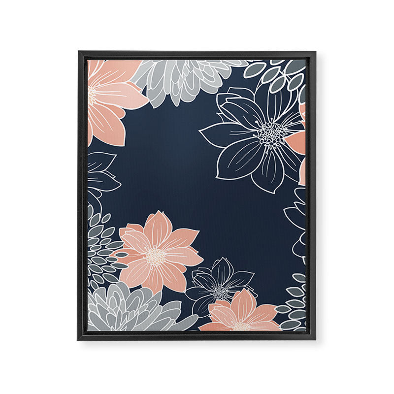 Festive, Floral Prints and Line Art, Navy Blue, Coral and Gray Framed Canvas Print Gallery Image 8