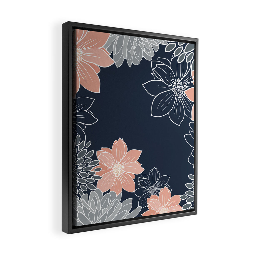 Festive, Floral Prints and Line Art, Navy Blue, Coral and Gray Framed Canvas Print Gallery Image 2
