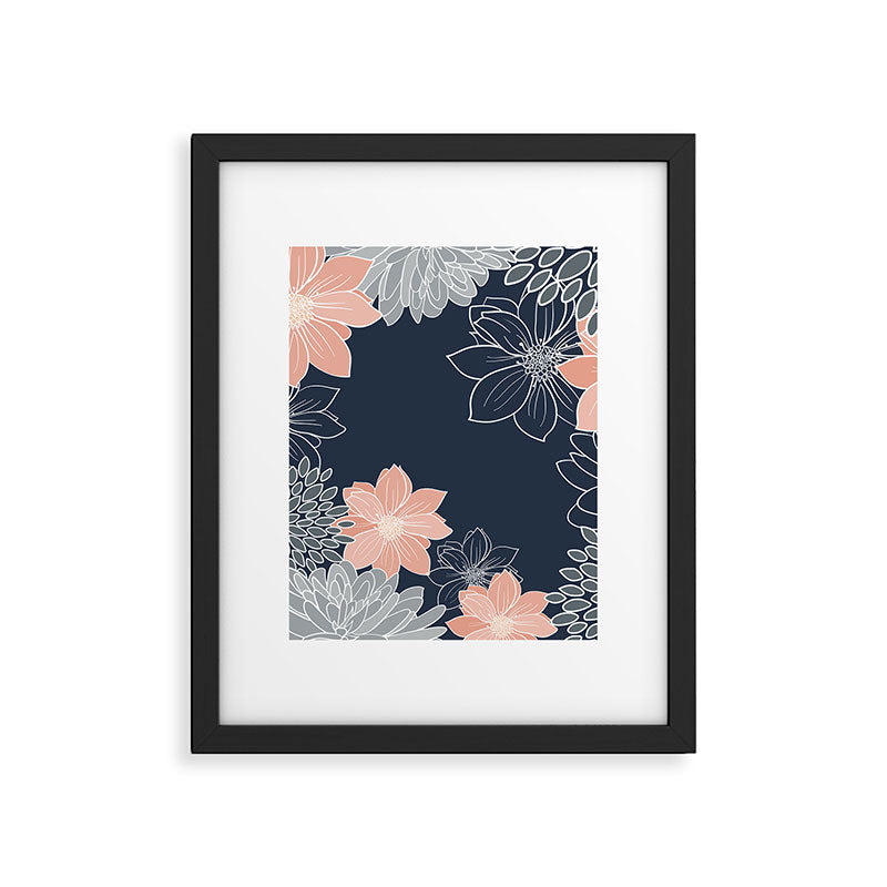 Festive, Floral Prints and Line Art, Navy Blue, Coral and Gray Framed Art Print Gallery Image 6