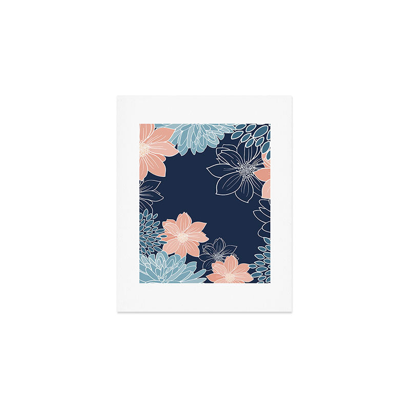 Festive, Floral Prints and Line Art, Navy Blue, Coral and Teal Art Print Gallery Image 1