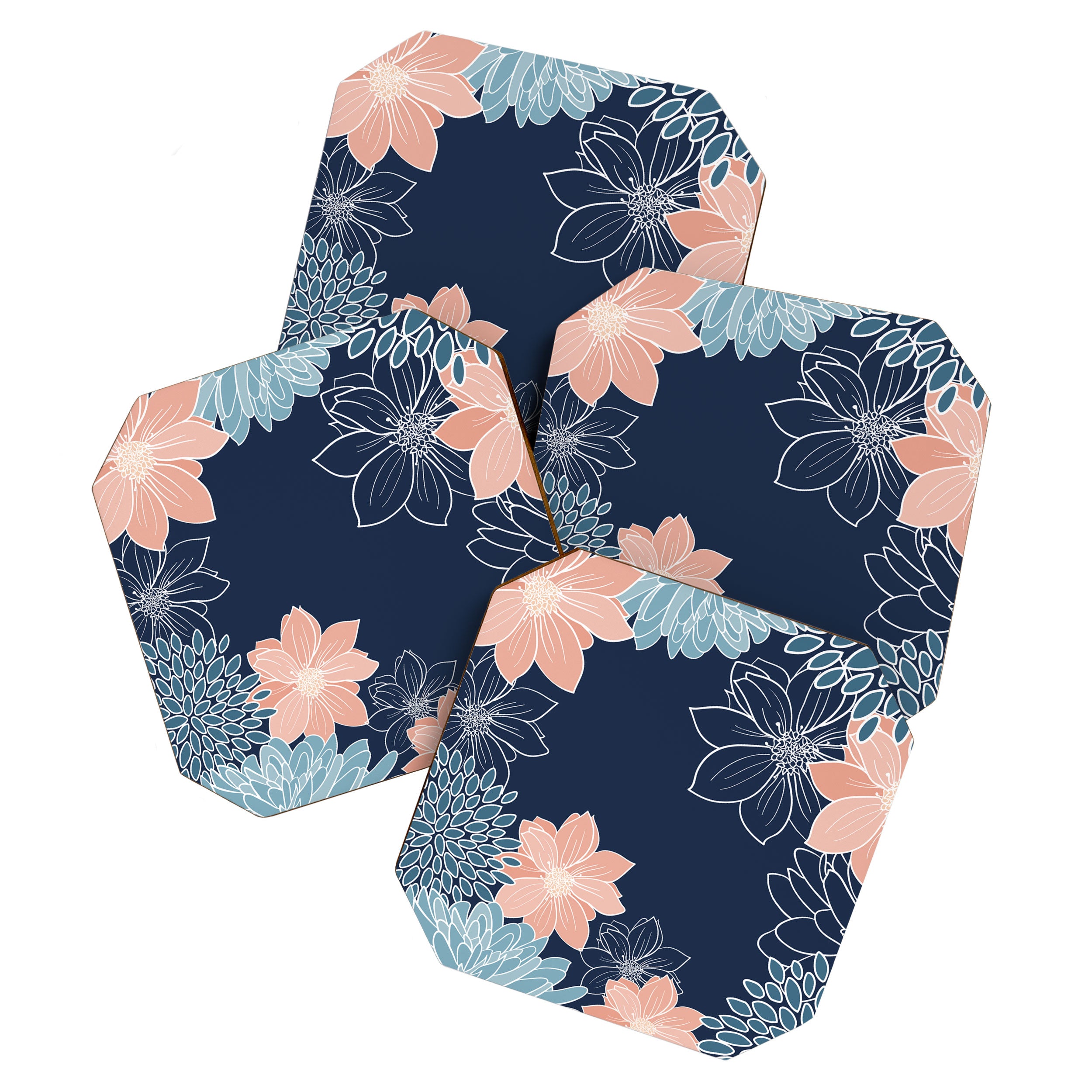 Festive, Floral Prints and Line Art, Navy Blue, Coral and Teal Coaster Gallery Image 1