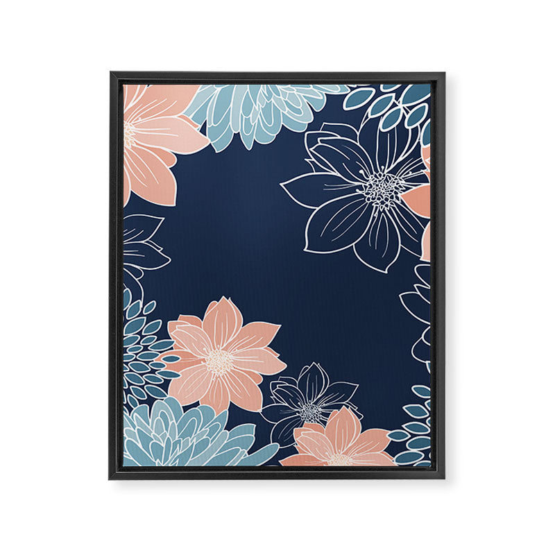 Festive, Floral Prints and Line Art, Navy Blue, Coral and Teal Framed Canvas Print Gallery Image 8