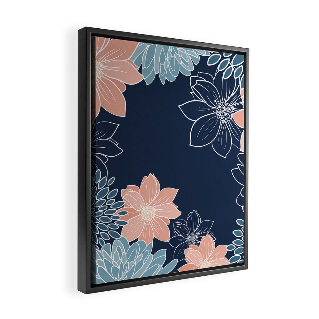 Festive, Floral Prints and Line Art, Navy Blue, Coral and Teal Framed Canvas Print Gallery Image 2