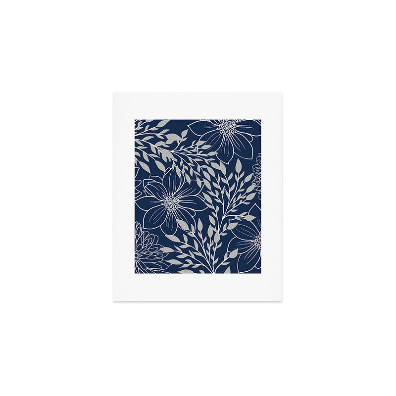 Festive, Floral Prints and Leaves, Line Art, Navy Blue and Gray Art Print Gallery Image 1