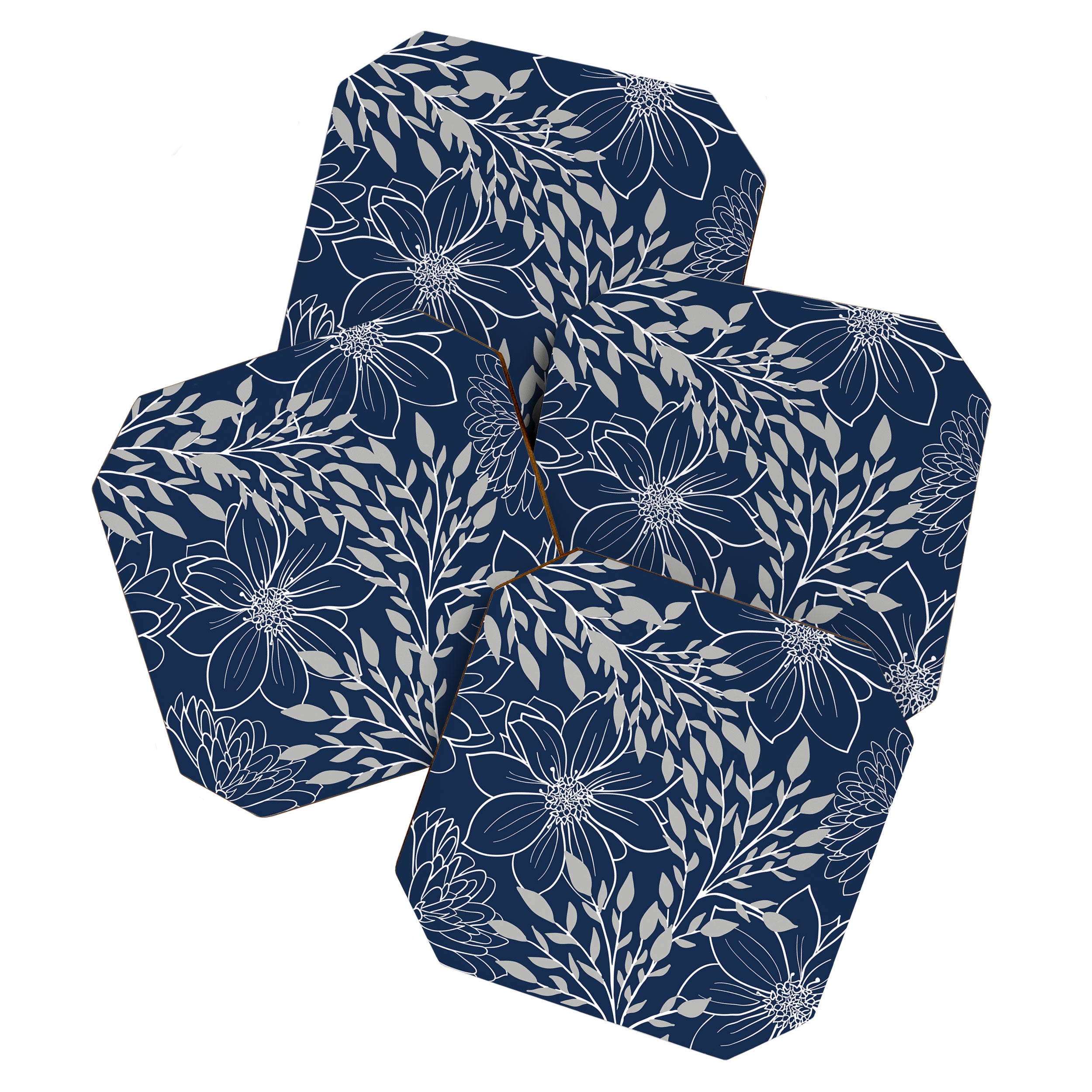 Festive, Floral Prints and Leaves, Line Art, Navy Blue and Gray Coaster Gallery Image 1