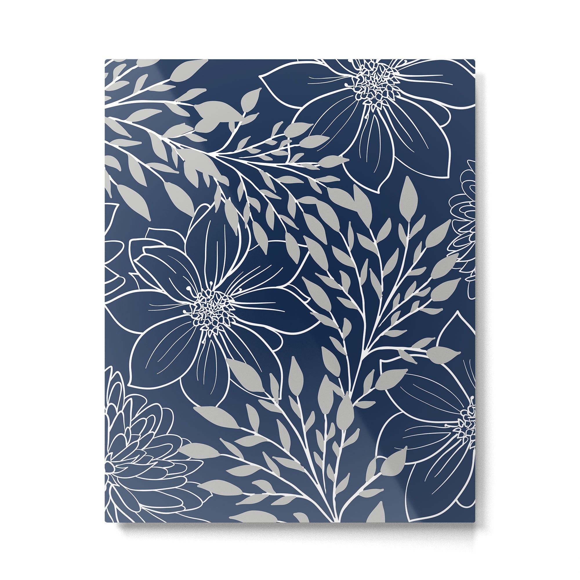 Festive, Floral Prints and Leaves, Line Art, Navy Blue and Gray Metal Print Gallery Image 6