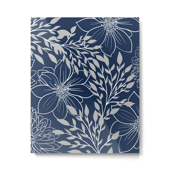 Festive, Floral Prints and Leaves, Line Art, Navy Blue and Gray Metal Print Gallery Image 1