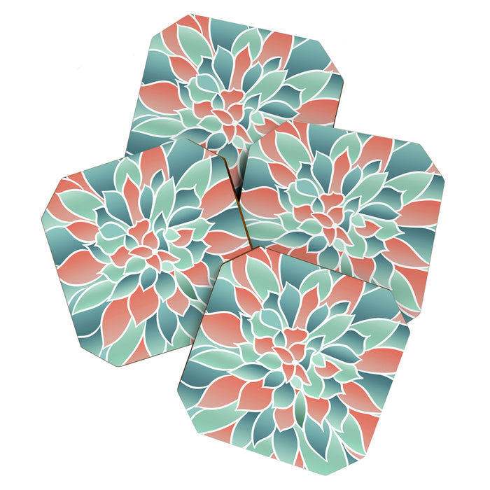 Festive, Floral Prints, Art Designs, Coral, Teal and Green Coaster Gallery Image 1