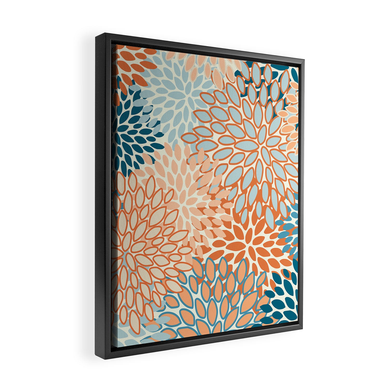 Festive, Floral Prints, Blooms, Orange, Teal Framed Canvas Print Gallery Image 2
