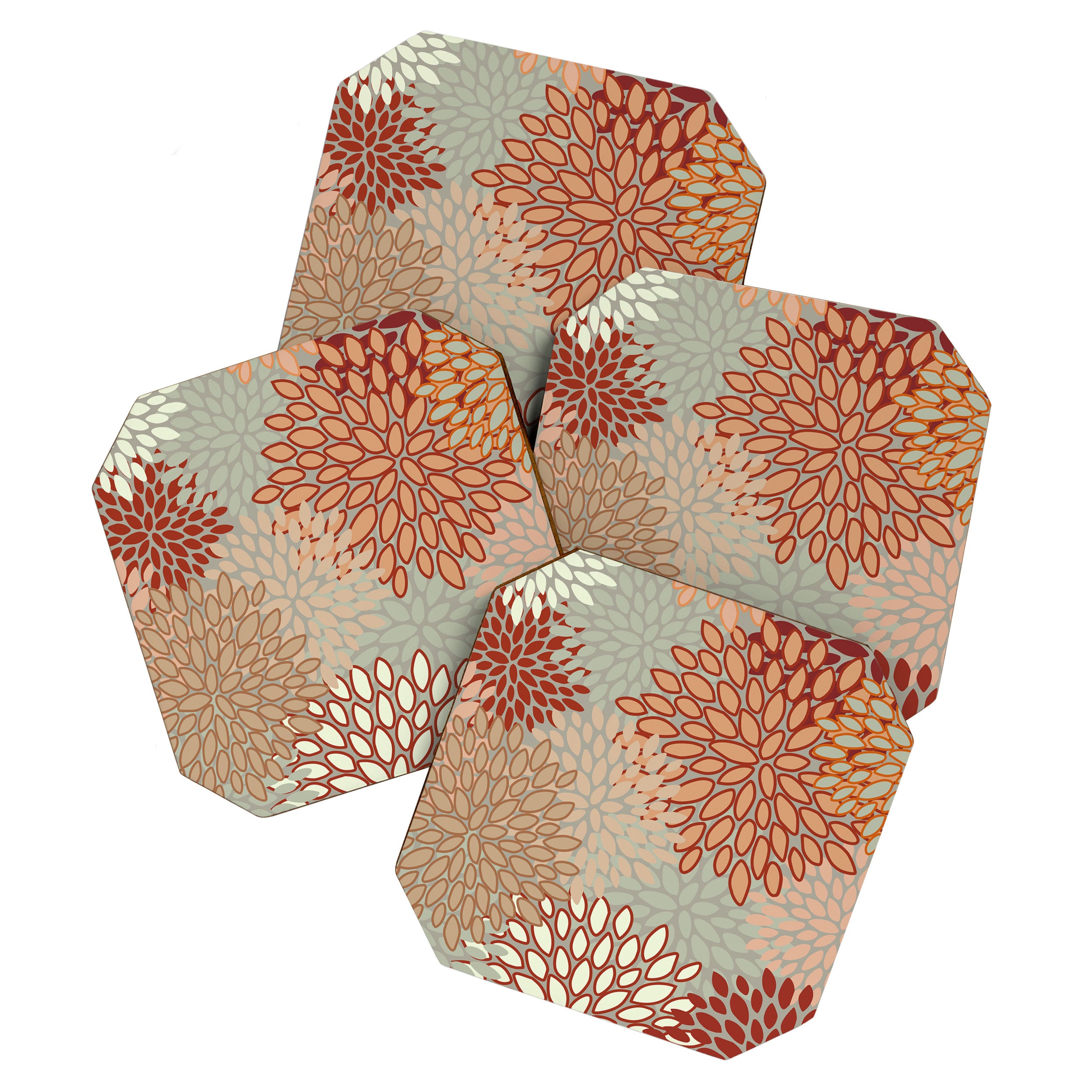 Festive, Floral Prints, Green, Terracotta, Red, Coloured Prints Coaster Gallery Image 1