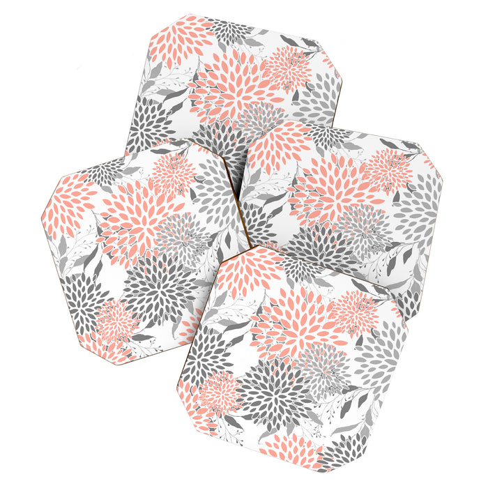 Festive, Floral Prints, Leaves and Blooms, Coral and Gray Coaster Gallery Image 1