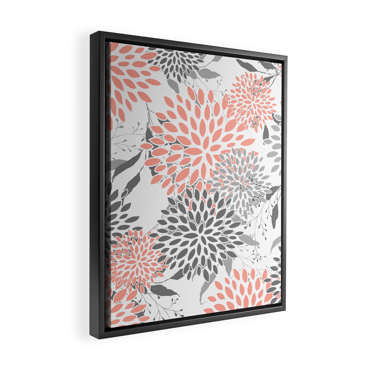 Festive, Floral Prints, Leaves and Blooms, Coral and Gray Framed Canvas Print Gallery Image 2