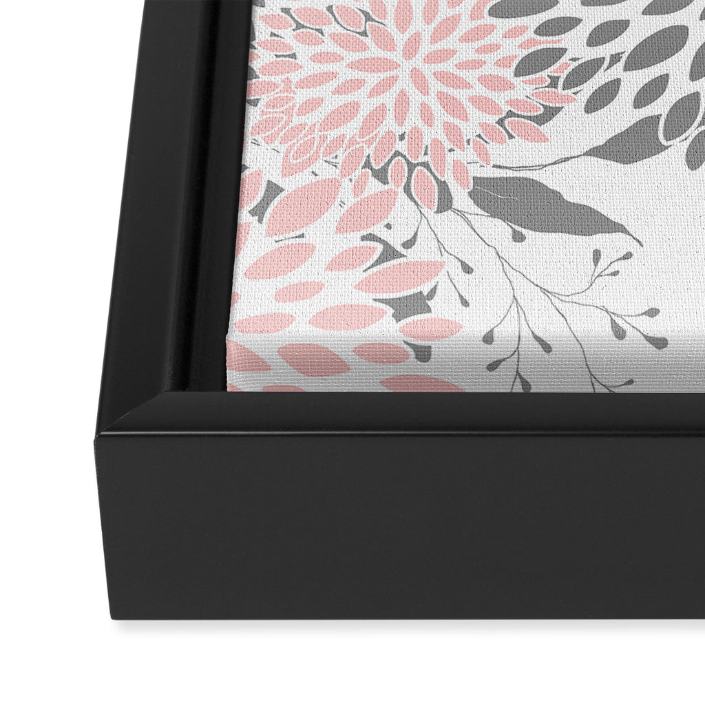 Festive, Floral Prints, Leaves and Blooms, Pink, Gray and White Framed Canvas Print Gallery Image 3