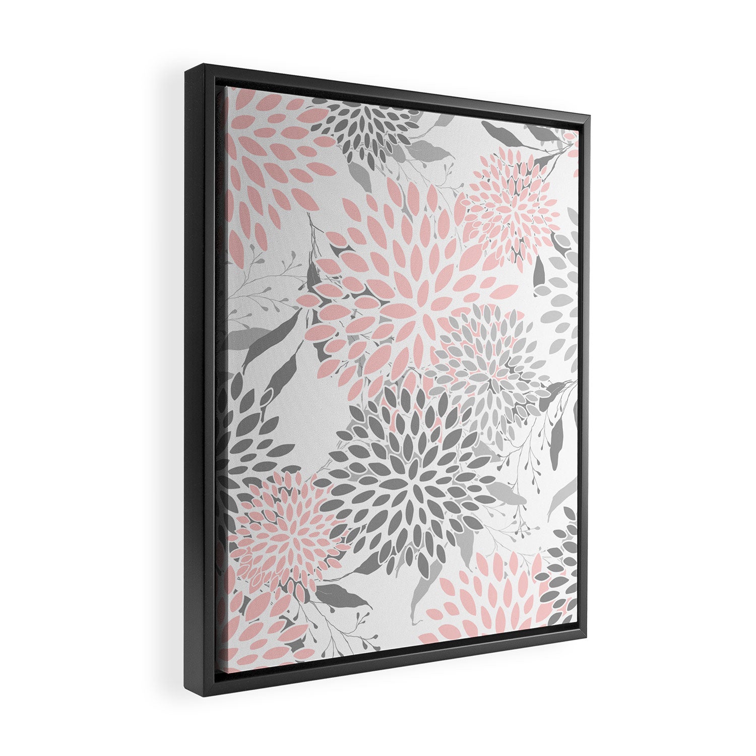 Festive, Floral Prints, Leaves and Blooms, Pink, Gray and White Framed Canvas Print Gallery Image 2