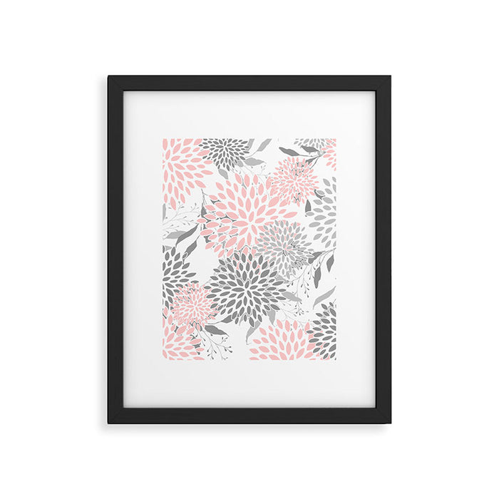 Festive, Floral Prints, Leaves and Blooms, Pink, Gray and White Framed Art Print Gallery Image 1