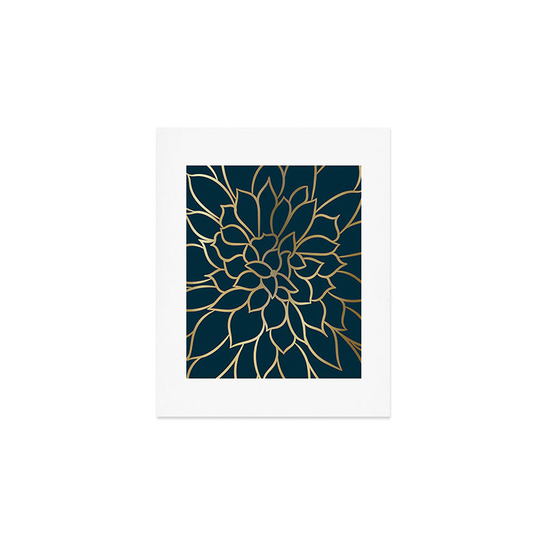 Festive, Floral Prints, Line Art, Dark Teal and Gold Art Print Gallery Image 1