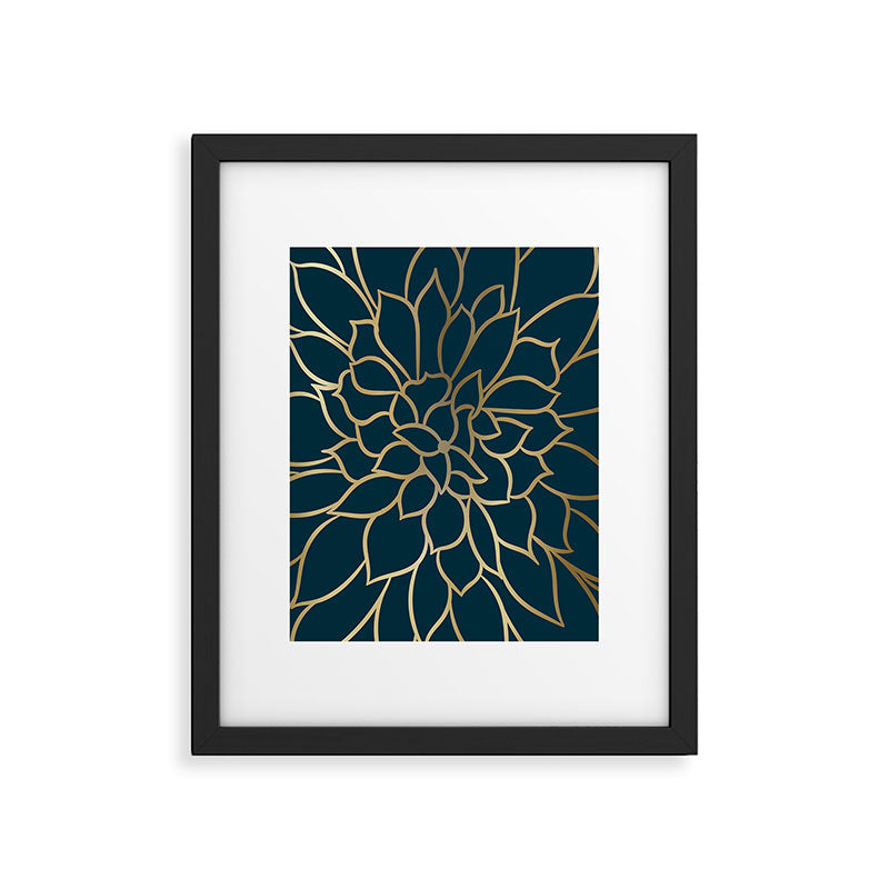 Festive, Floral Prints, Line Art, Dark Teal and Gold Framed Art Print Gallery Image 6