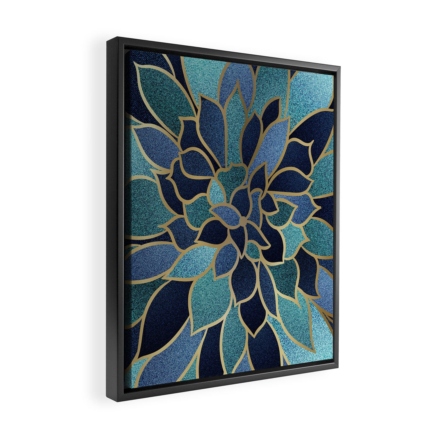 Festive, Floral Prints, Navy Blue, Teal and Gold Framed Canvas Print Gallery Image 2
