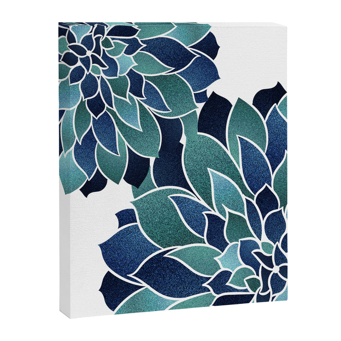 Festive, Floral Prints, Navy Blue and Teal on White Canvas Print Gallery Image 1