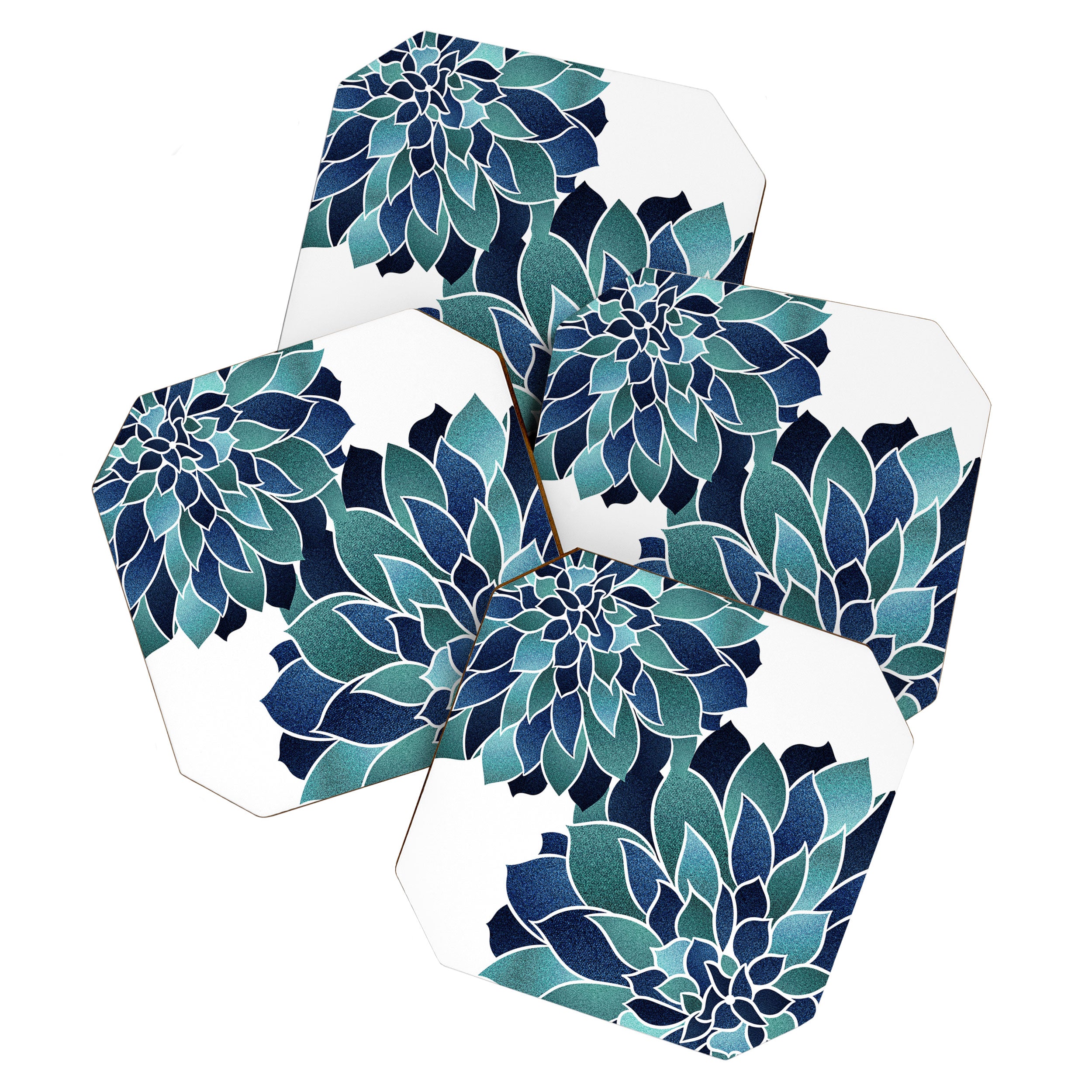 Festive, Floral Prints, Navy Blue and Teal on White Coaster Gallery Image 1