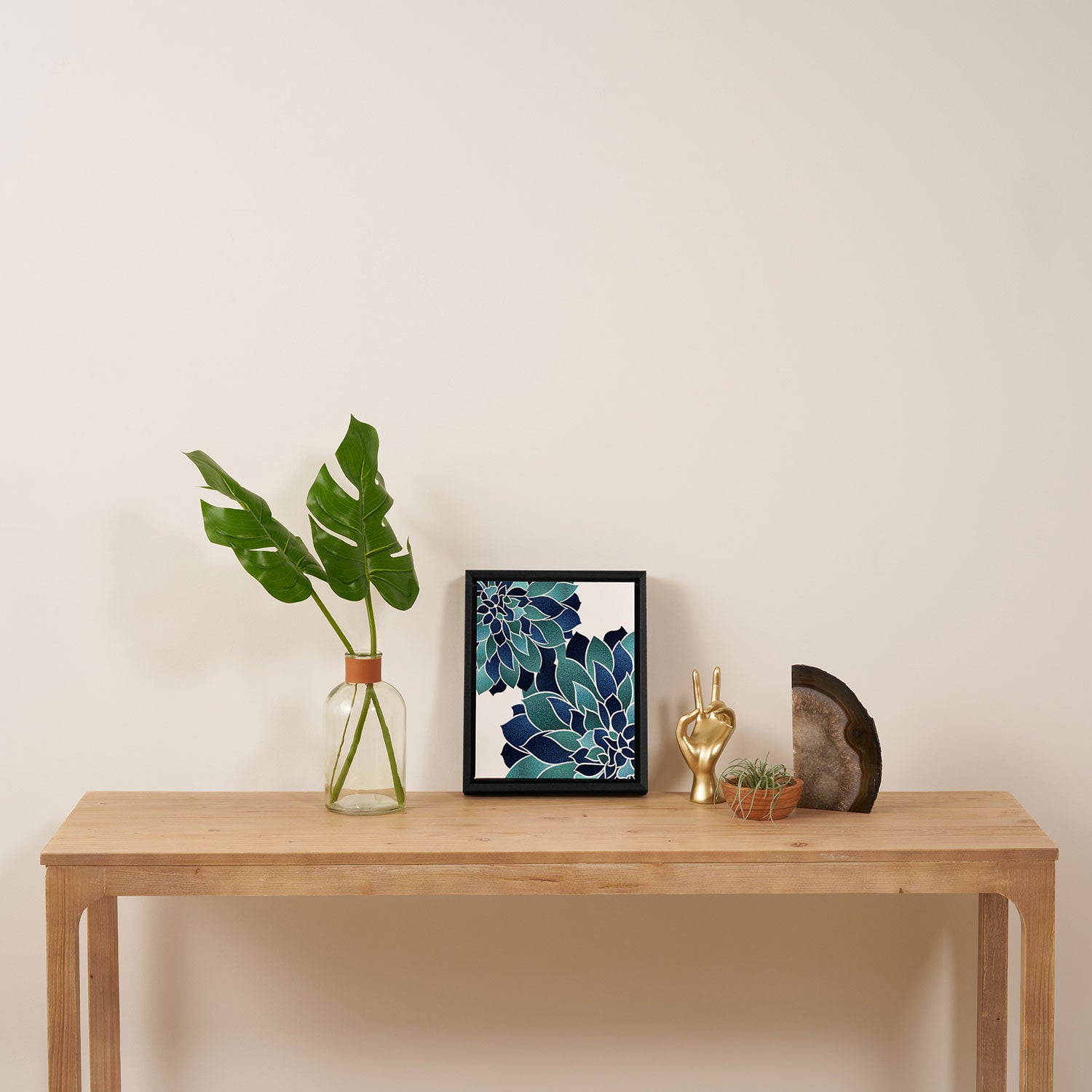 Festive, Floral Prints, Navy Blue and Teal on White Framed Canvas Print Gallery Image 4
