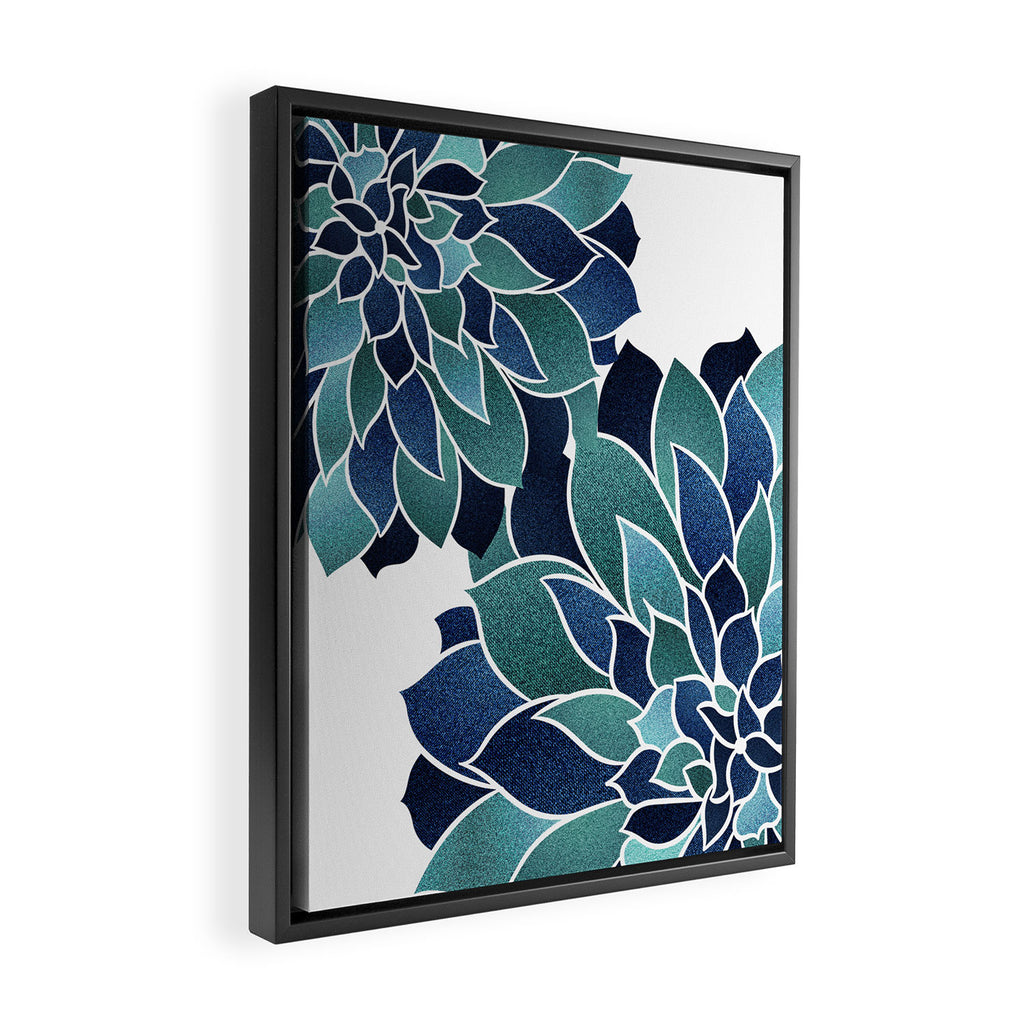 Festive, Floral Prints, Navy Blue and Teal on White Framed Canvas Print Gallery Image 2