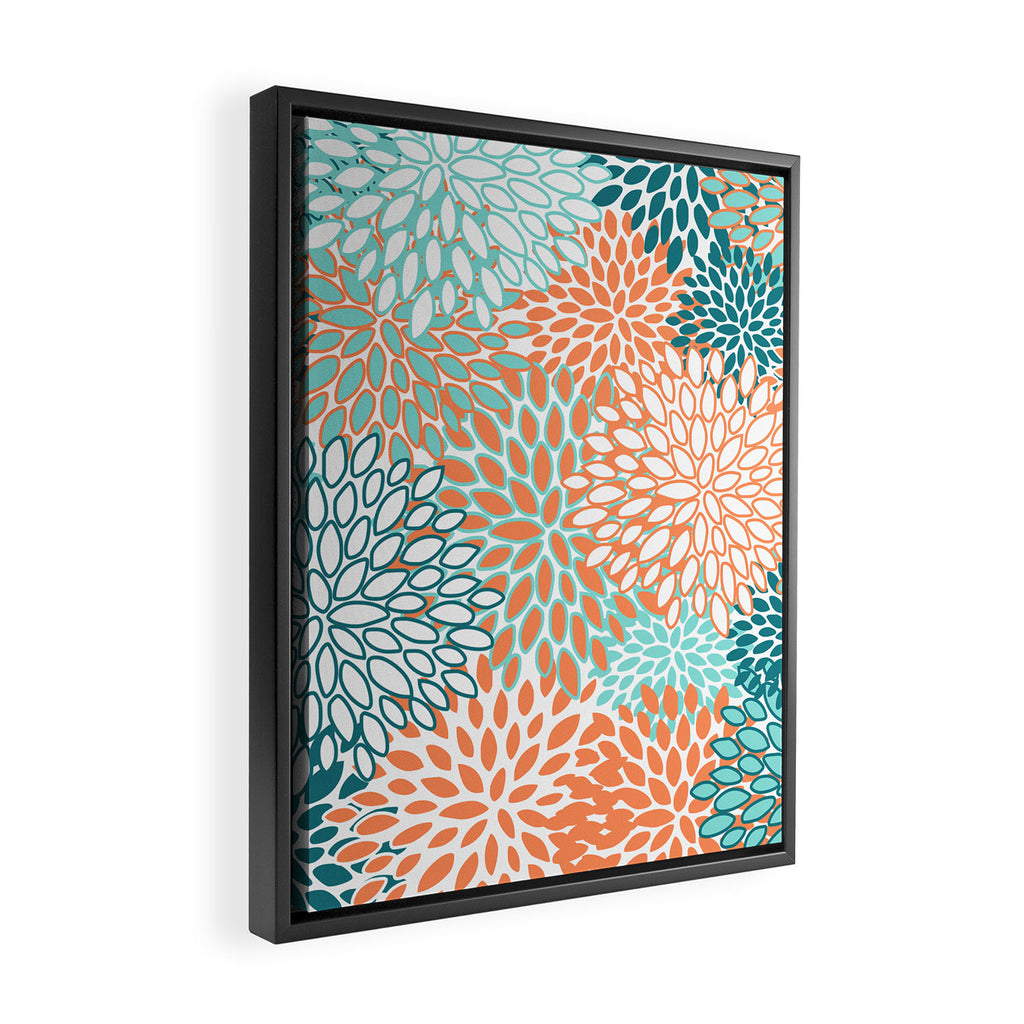 Festive, Floral Prints, Orange and Teal, Abstract Art Framed Canvas Print Gallery Image 2