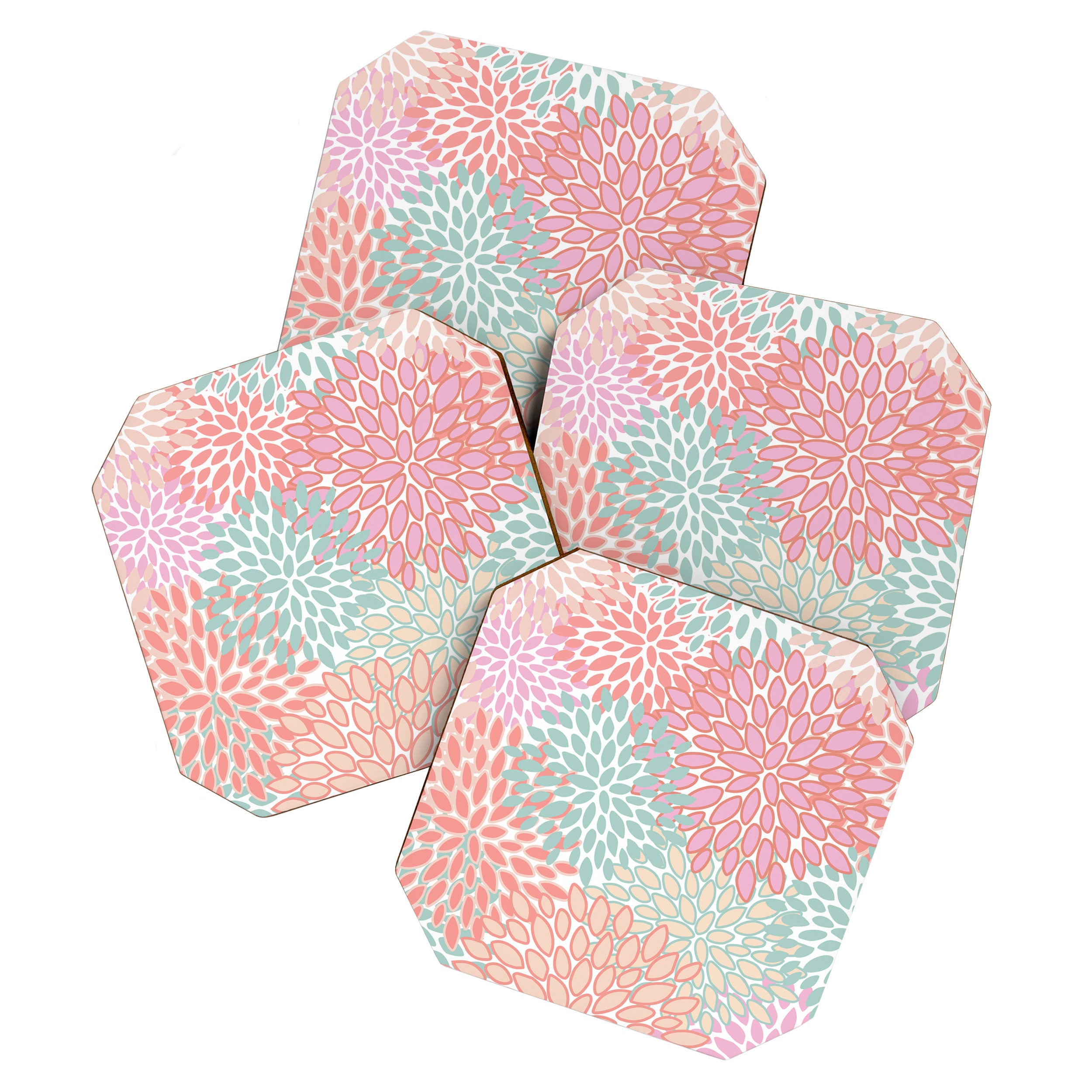 Festive, Floral Prints, Pink, Teal and Coral Coaster Gallery Image 1