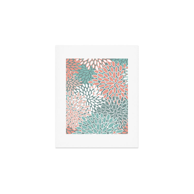 Festive, Floral Prints, Teal and Coral Art Print Gallery Image 1