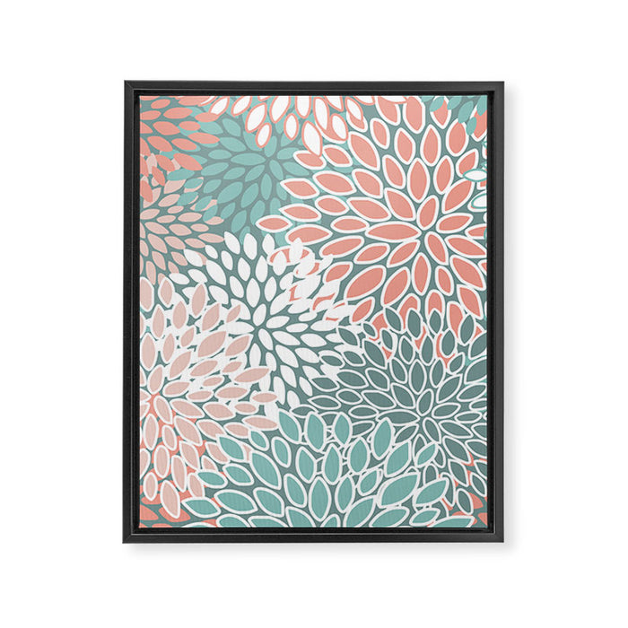 Festive, Floral Prints, Teal and Coral Framed Canvas Print Gallery Image 1