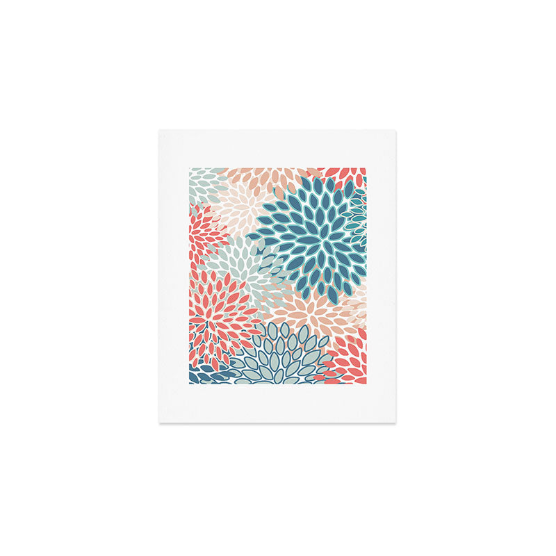 Festive, Floral Prints, Teal, Coral, Peach Art Print Gallery Image 1