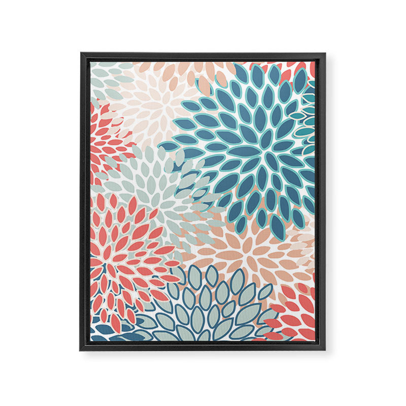 Festive, Floral Prints, Teal, Coral, Peach Framed Canvas Print Gallery Image 8