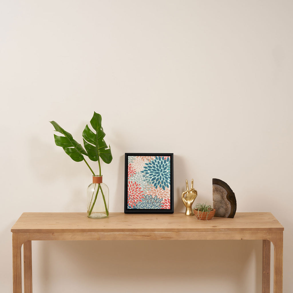 Festive, Floral Prints, Teal, Coral, Peach Framed Canvas Print Gallery Image 4