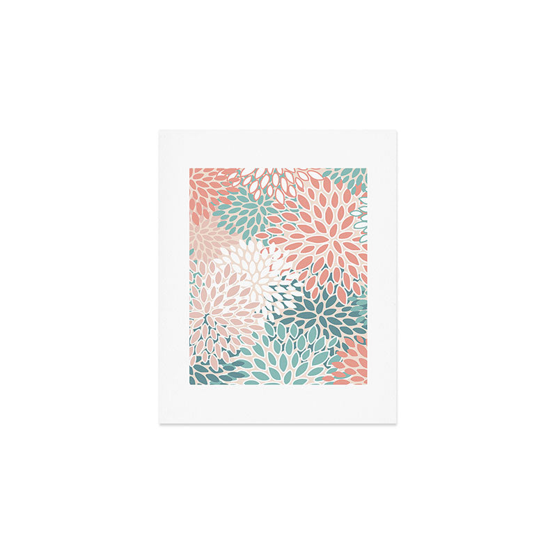 Festive, Floral Prints, Teal, Peach, Coral Art Print Gallery Image 1