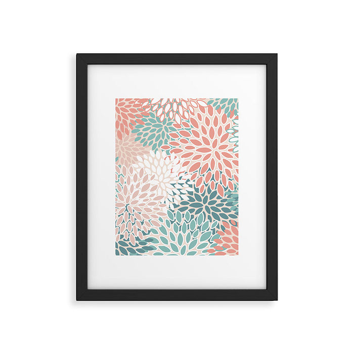 Festive, Floral Prints, Teal, Peach, Coral Framed Art Print Gallery Image 1