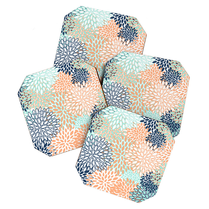 Festive, Floral Prints,Orange, Turquoise, Navy Blue Coaster Gallery Image 1