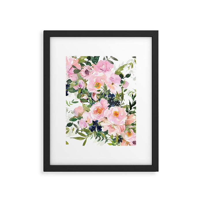 Festive, Floral Watercolor Rose Garden, Pink and White Framed Art Print Gallery Image 1
