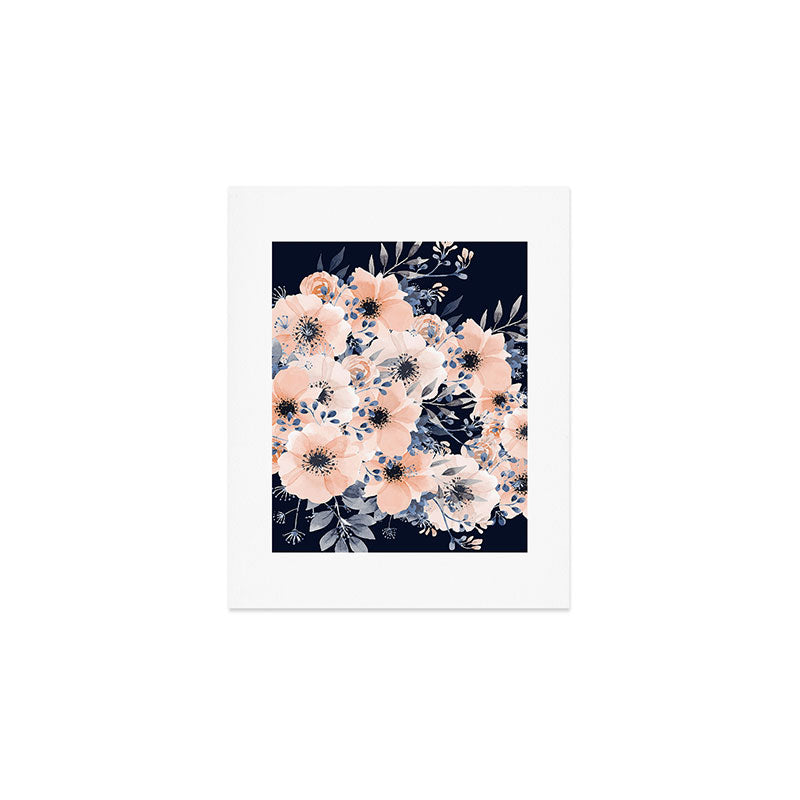 Festive, Floral Watercolor Print, Navy and Pink Art Print Gallery Image 1