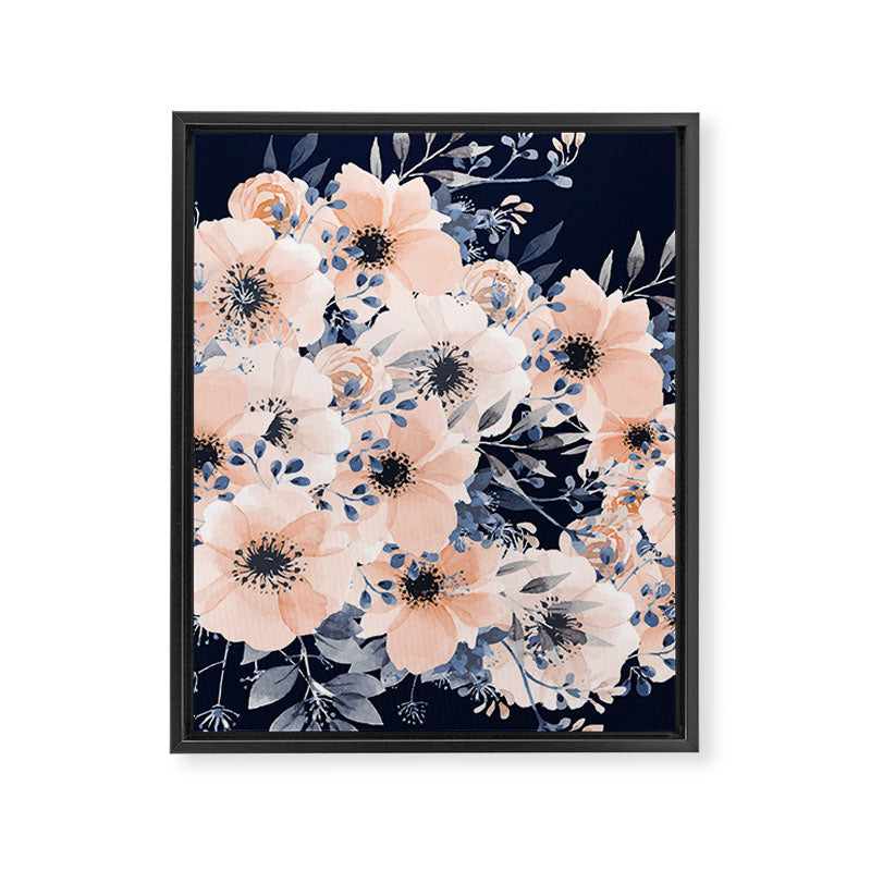 Festive, Floral Watercolor Print, Navy and Pink Framed Canvas Print Gallery Image 8