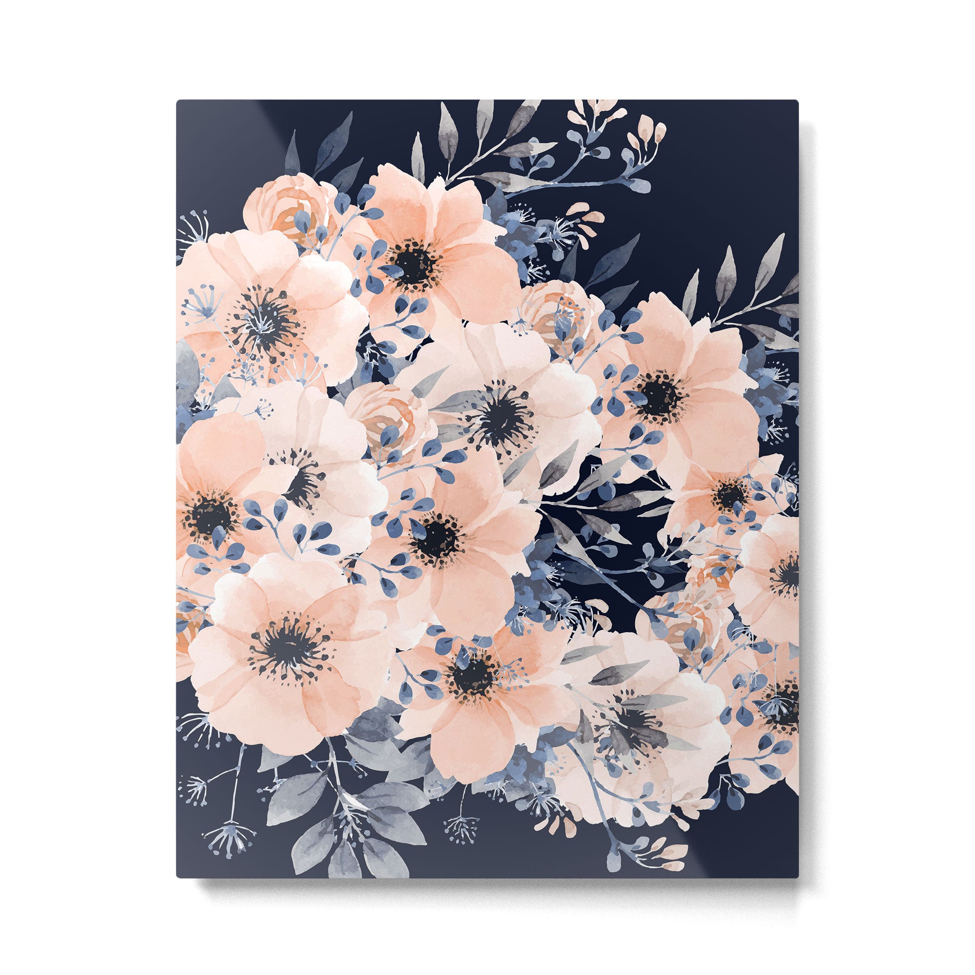 Festive, Floral Watercolor Print, Navy and Pink Metal Print Gallery Image 6
