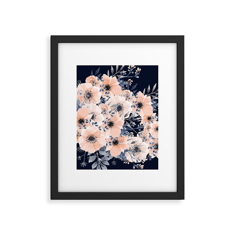 Festive, Floral Watercolor Print, Navy and Pink Framed Art Print Gallery Image 6