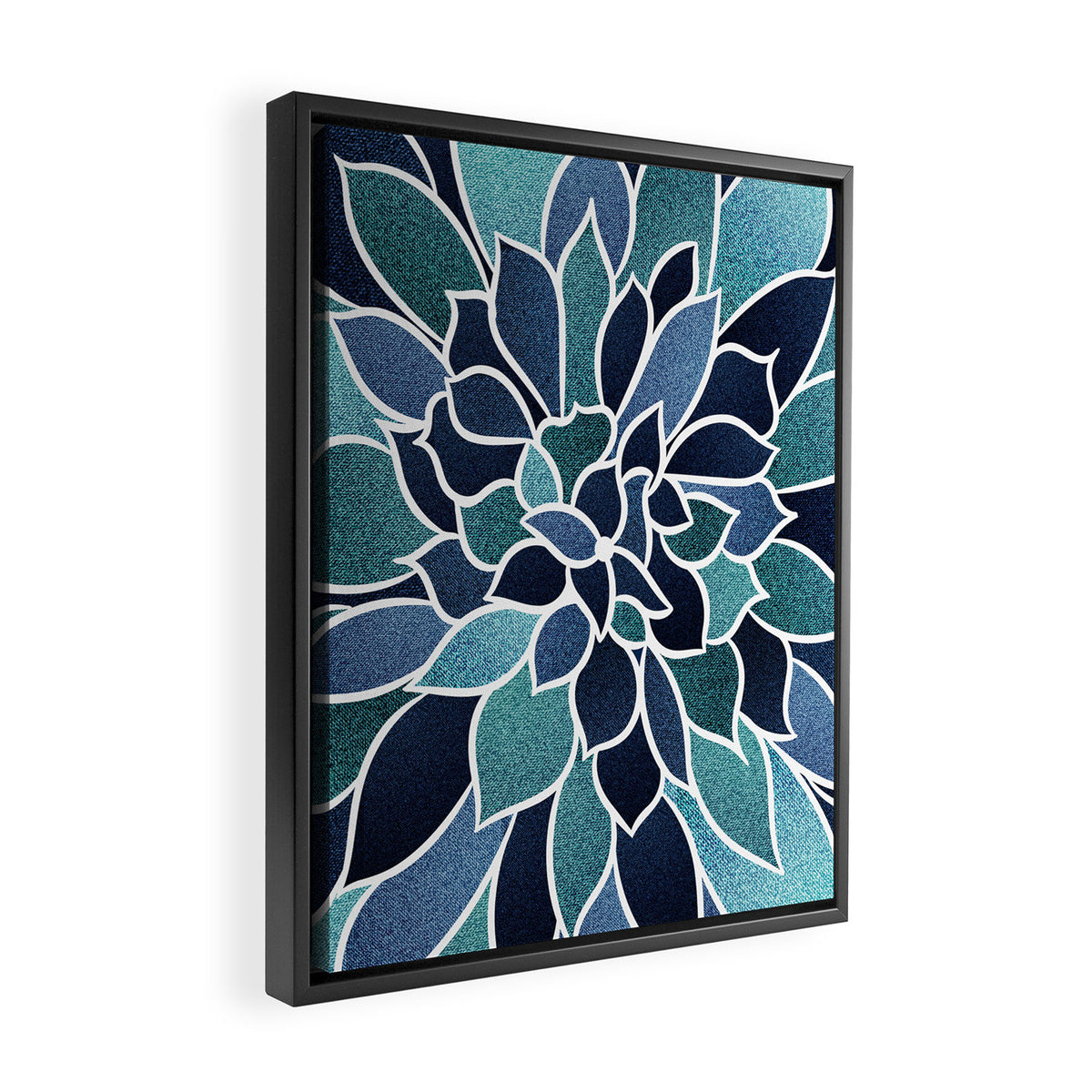 Festive, Flower Bloom, Navy Blue and Teal Framed Canvas Print Gallery Image 2