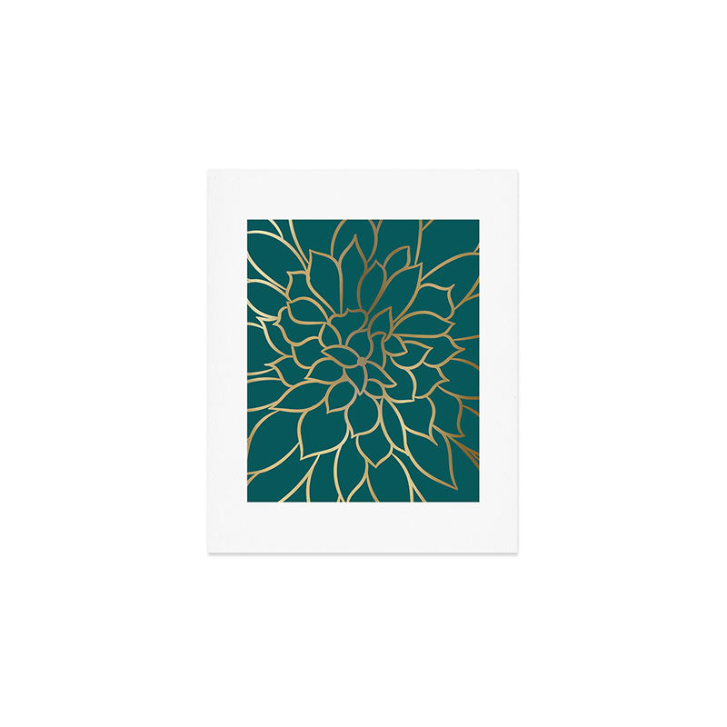 Festive, Flower Bloom, Teal Green and Gold Art Print Gallery Image 1
