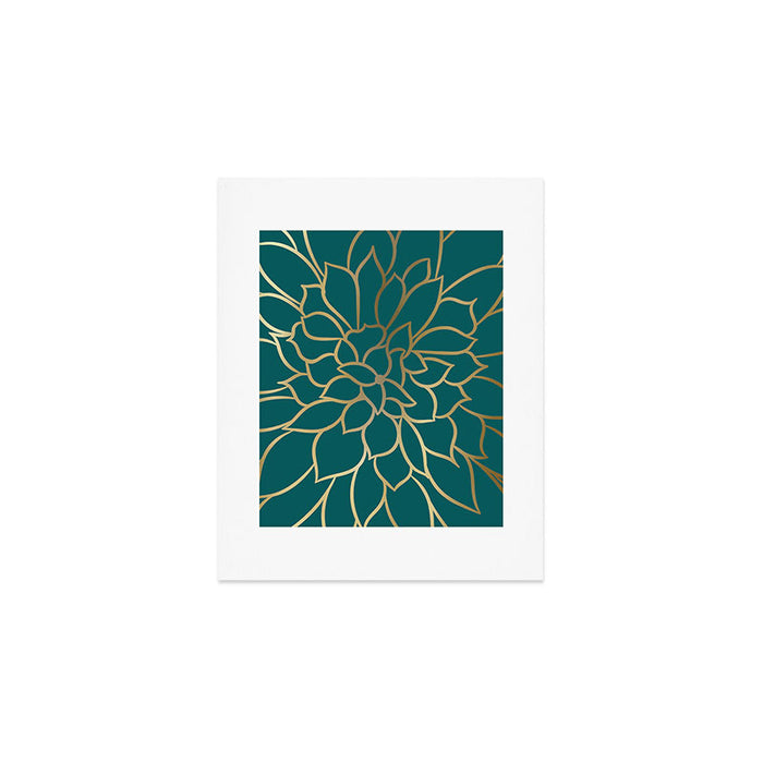 Festive, Flower Bloom, Teal Green and Gold Art Print Gallery Image 1