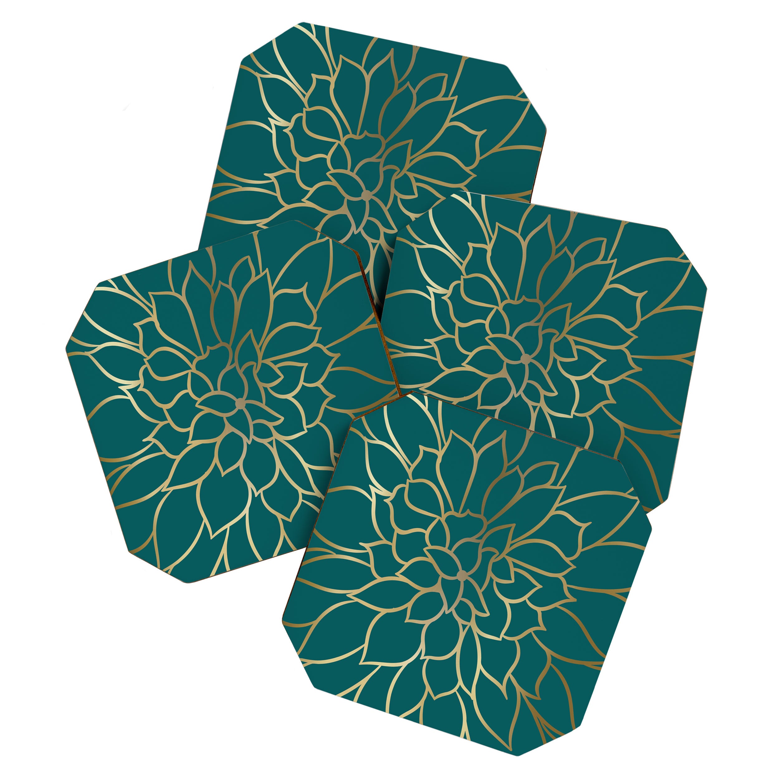 Festive, Flower Bloom, Teal Green and Gold Coaster Gallery Image 1