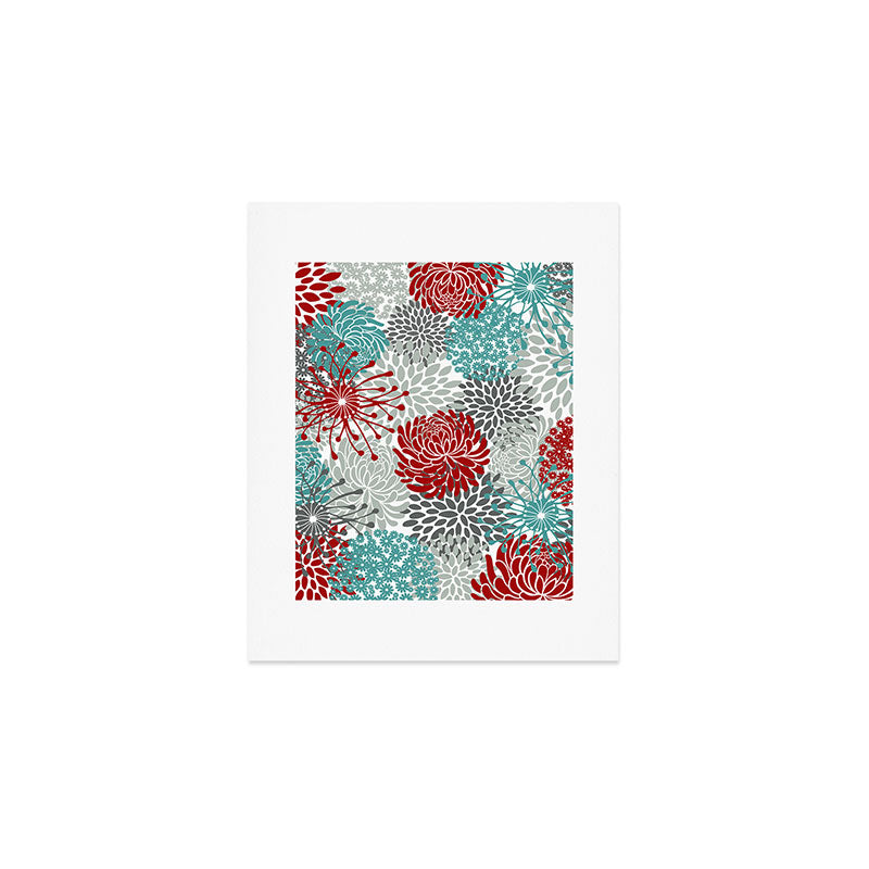 Festive, Flowers in Red, Teal and Gray Art Print Gallery Image 1