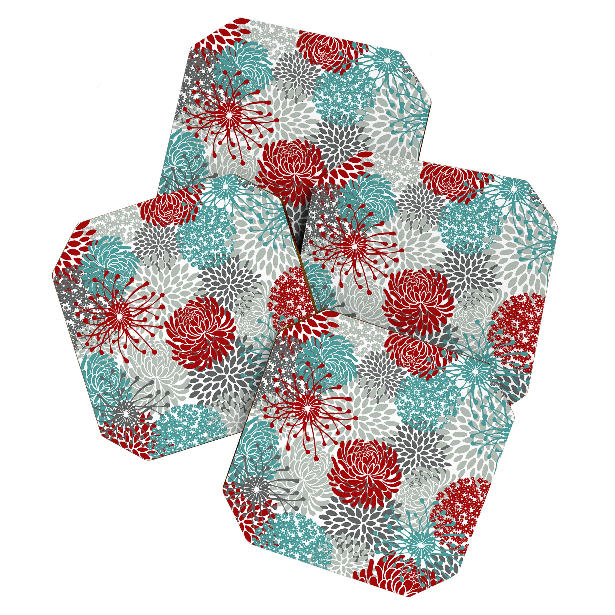 Festive, Flowers in Red, Teal and Gray Coaster Gallery Image 1